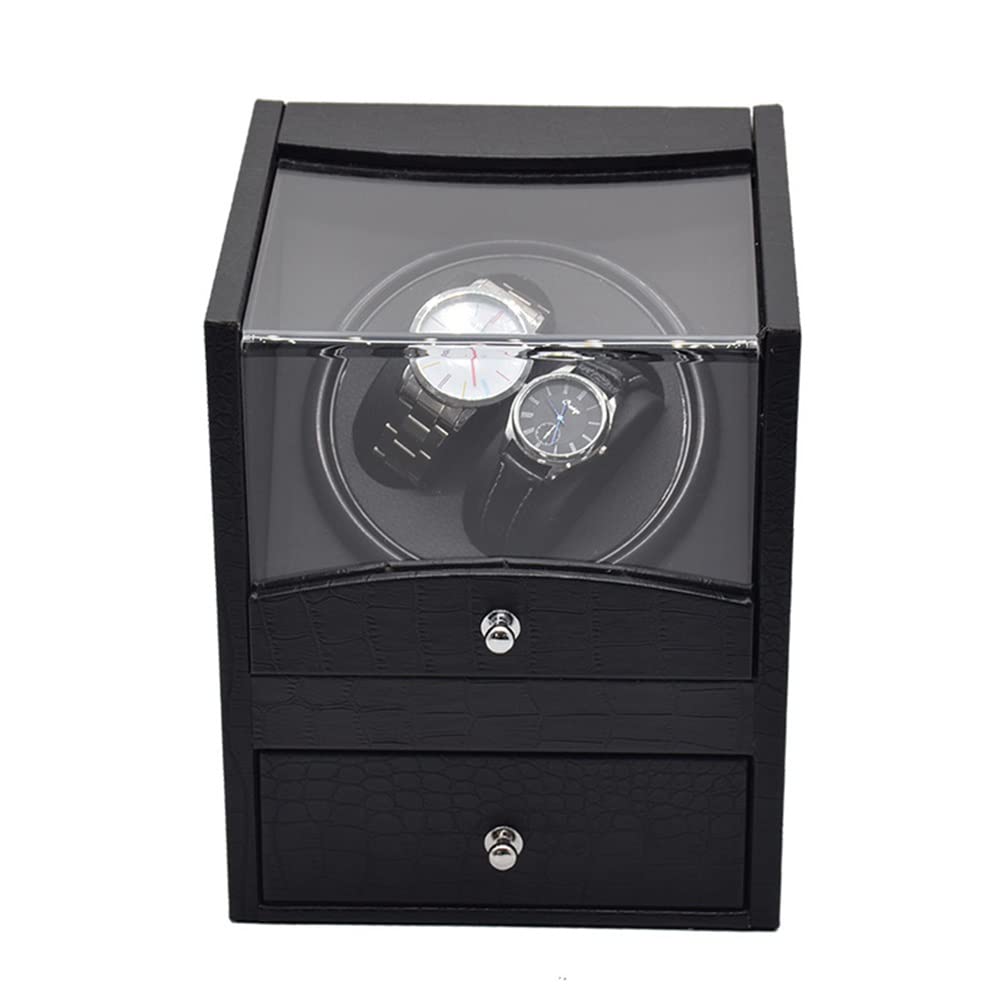 CGCSYZ Double Automatic Watch Winder Box Automatic Watch Display Storage Rotation Wristwatch Box With 2 Slots And Drawer PU Leather Watches Shaker Quiet Motor 5 Modes Rotation (Svart)