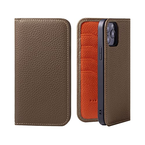 iPhone 14 Pro Max ケース バイカラー 手帳型 本革 シュリンクカーフレザー スマホケース 耐衝撃 磁石不使用 マグネットなし ハンドメイド トープ オレンジ PH-14ProMax-Taupe-OG