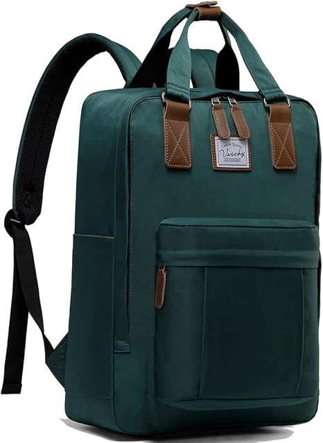 VASCHY Backpack for Women, Men Vintage School Backpack Fits 15" Laptop Travel Work Rucksack Water Resistant Daypack with Button Top Handle