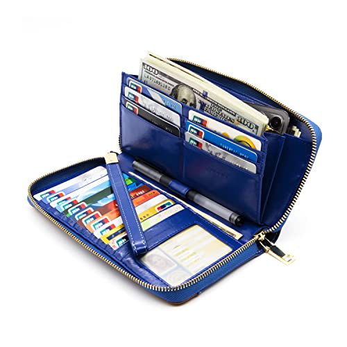 Image of ANDOILT Womens RFID Blocking Genuine Leather Zip Around Wallets Large Cell Phone Holder Clutch Travel Purse Wristlet Blue