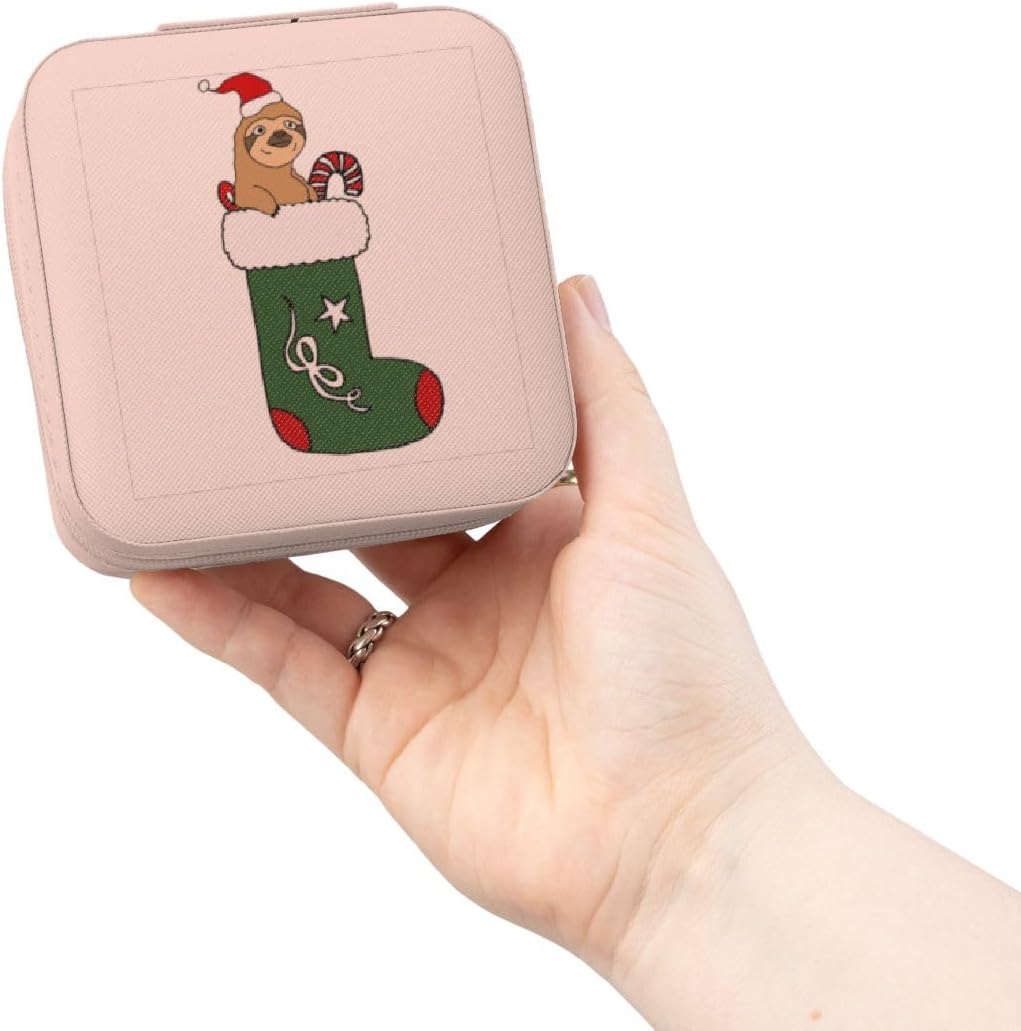 3dRose Funny Cool Sloth in a Christmas Stocking Cartoon Jewelry Travel Case Pink