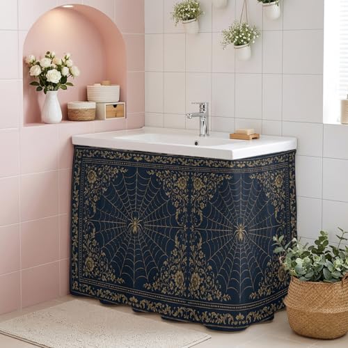 Kitchen Cabinet Curtains Blue Spiders Web Halloween Sink Skirt for Bathroom Vintage Floral Luxury Abstract Dishwasher Curtain Cover Under Desk Curtain Skirt Drape for Classroom Laundry Closet 28"x51" - Image 8