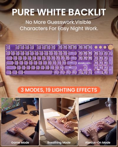 Image of EWEADN Wired Typewriter Mechanical Keyboard, Low Noise Pink Switch Retro Punk Keyboard with Media Knob, White Backlit, Metal Panel, 104-Key Round Keycaps Cute Keyboard for Windows PC -Purple