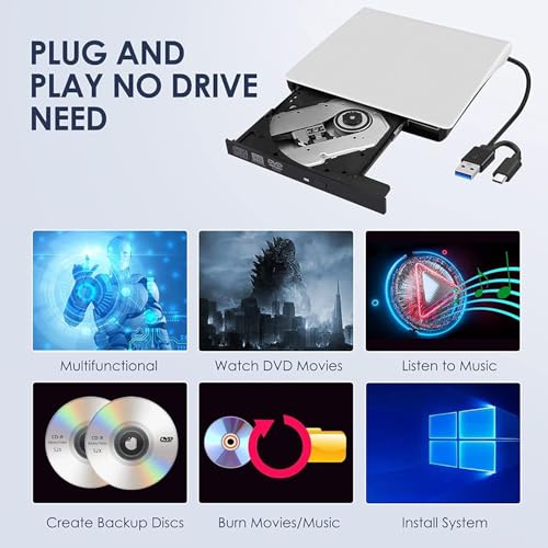 Unidad externa CD/DVD USB tipo C para PC y laptop miniatura 2