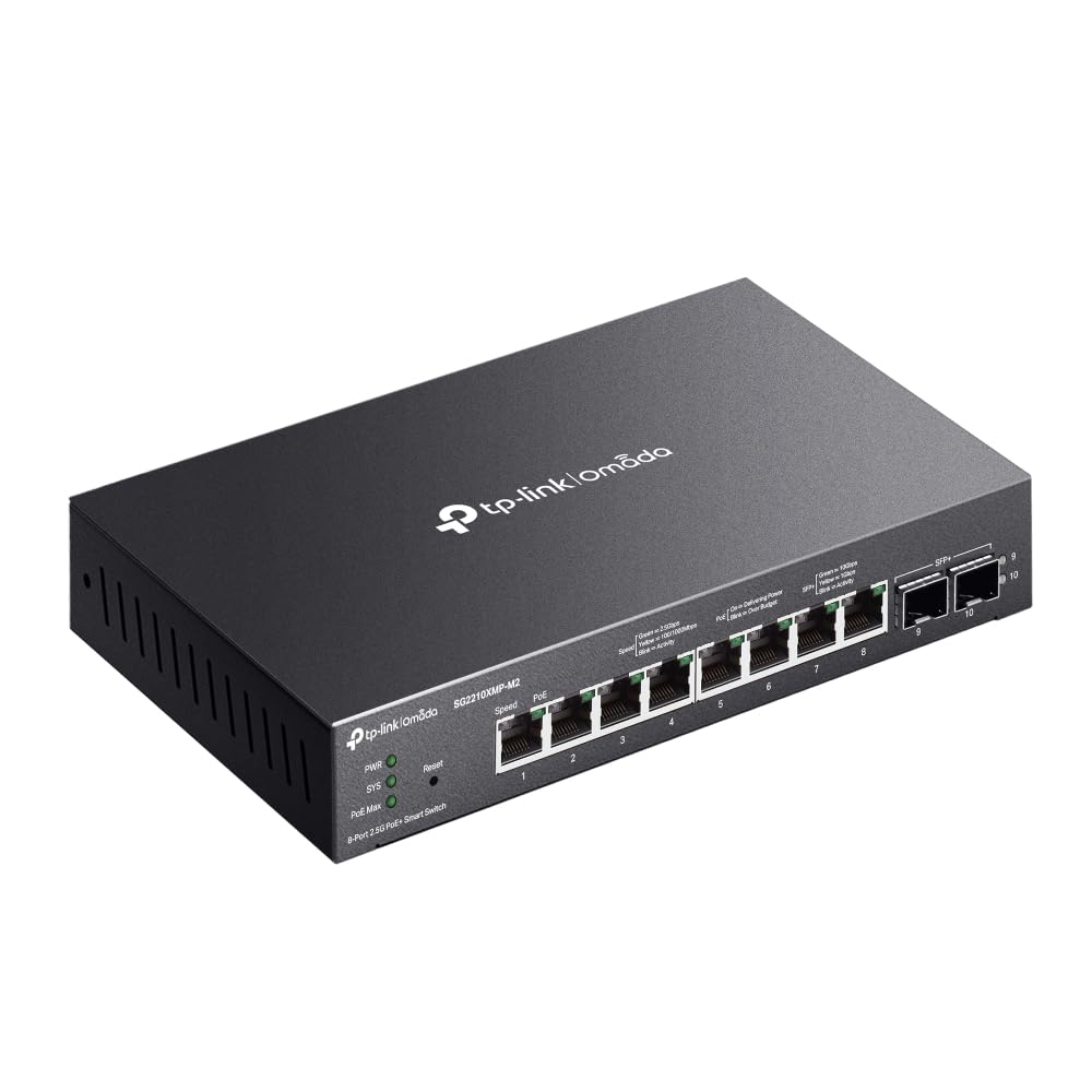 TP-Link Omada SG2210XMP-M2 2.5G PoE Switch, 8-Port 2.5G Multi-Gigabit mit 8 PoE+ Ports (160W), 2× 10G SFP+ Uplink, Smart Managed Switch, VLAN, QoS, Cloud Management, Lüfterlos