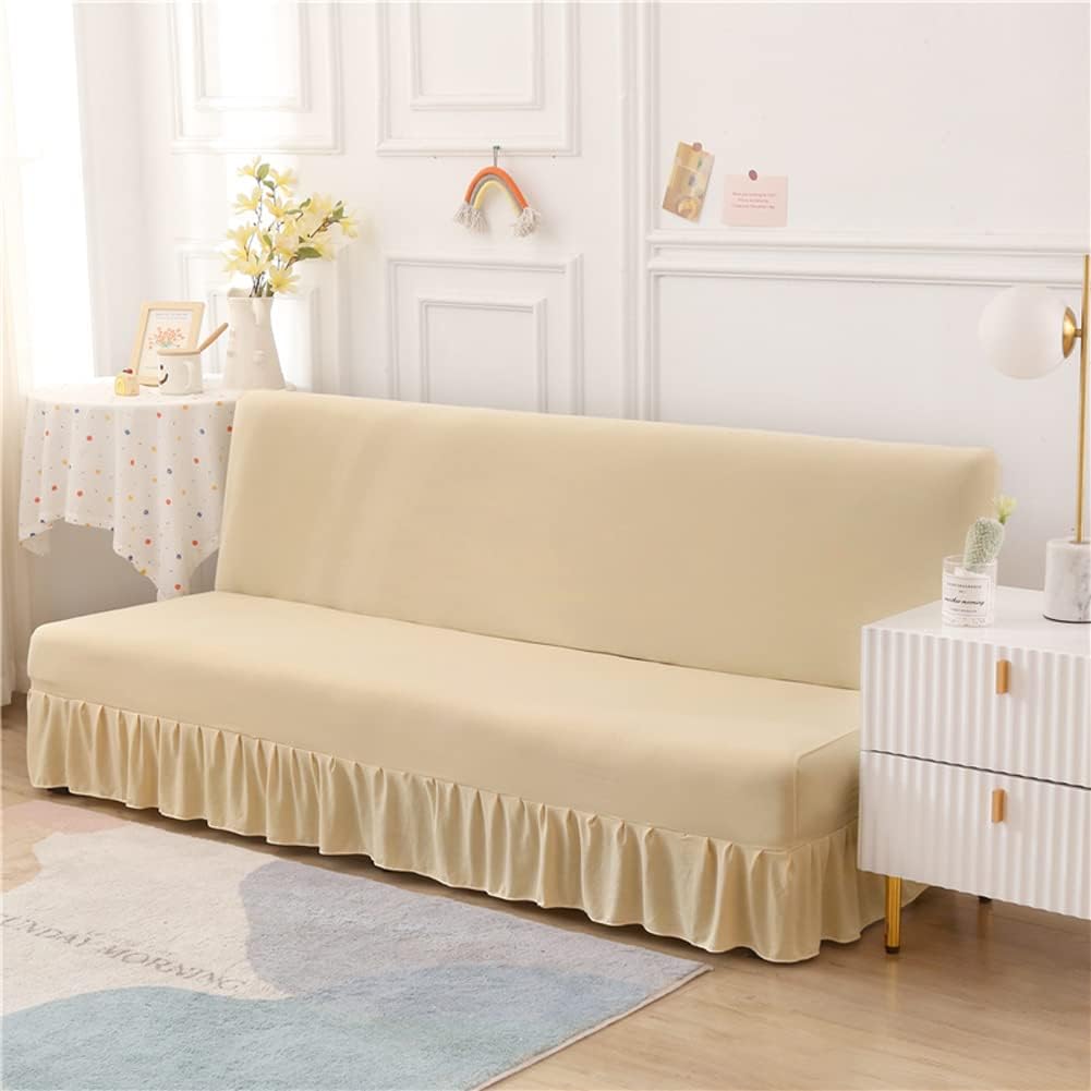 Futon Cover-Stretch Armless Futon Covers Full Size With Skirt Ruffled Futon Sofa Cover Washable Folding Sofa Bed Cover Soft Futon Couch Cover Slipcover With Elastic Bottom For Kids,Pets(Beige)