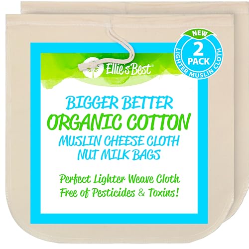 Organic Cotton EZ-2-Squeeze Nut Milk Bags - 2pk -14' x14' Reusable All Purpose Food Strainer Bag- Light Strong Muslin Mesh Cheesecloth