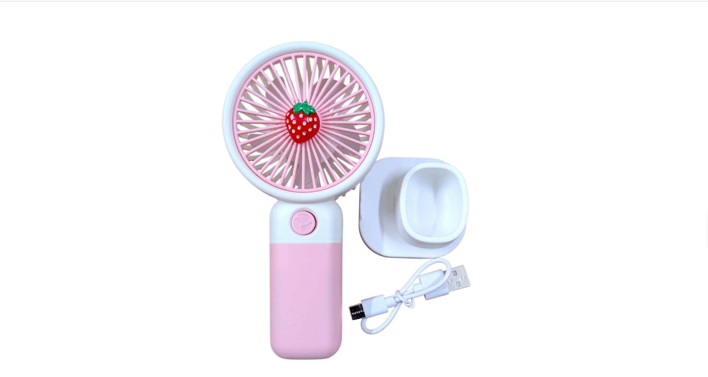 Mini Handheld Fan, 3 Speed Settings, USB Rechargeable, Strawberry Theme, Pink, with Desk Stand and USB Cable, MHF-01-image-49