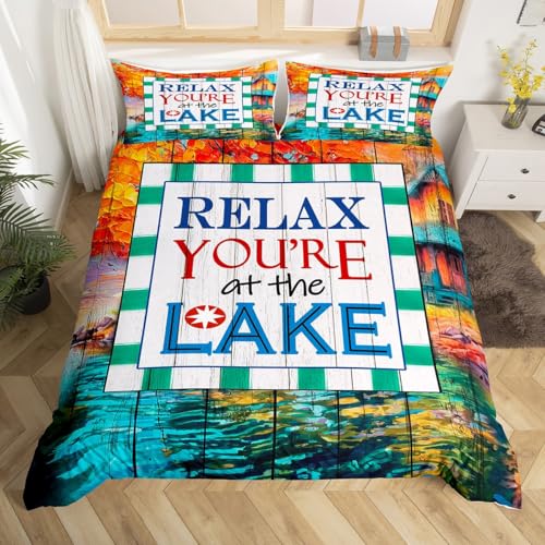 Rustic Wooden Door Duvet Cover Set Lake House Bedding Set Twin Size 2Pcs Kids Girls Boys Teens Room Decor Watercolor Fall Lake View Comforter Cover Relax You're at The Lake Quilt Cover,1 Pillowcase