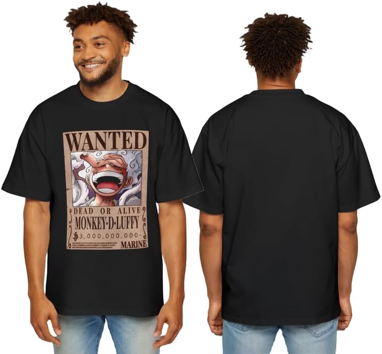 Cotton Unisex Anime Luffy One Piece Tshirt - Stylish Black Oversized T-Shirt for Boys and Girls, Comfortable Luffy Wanted Printed Short Sleeves Rounded Neck for Men and Women