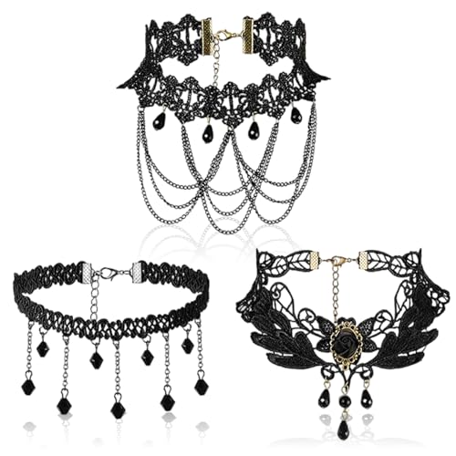 XNIVUIS - XNIVUIS Lot de 3 colliers ras du cou gothiques des années 90 pour femme, punk, collier en dentelle, breloque gothique, vintage, collier ras du cou tatouage pour femmes et filles, fête costumée (noir),