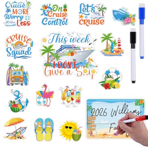 Tropical Hawaii Cruise Door Magnets - Cosmisun 16PCS Palm Tree Cruise Door Decorations Magnetic with 3 Pens Summer Flamingo Anchor Cruise Door Magnets for Carnival Cabin Refrigerator Party Decor
