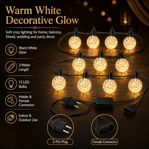 Image of One94Store 3 Meter 12 LED Warm White String Lights with Holder & Female Plug, Corded Electric Fairy Lights for Home Decoration, Diwali Lights, Bedroom, Balcony, Festival, Wedding & Party Decor