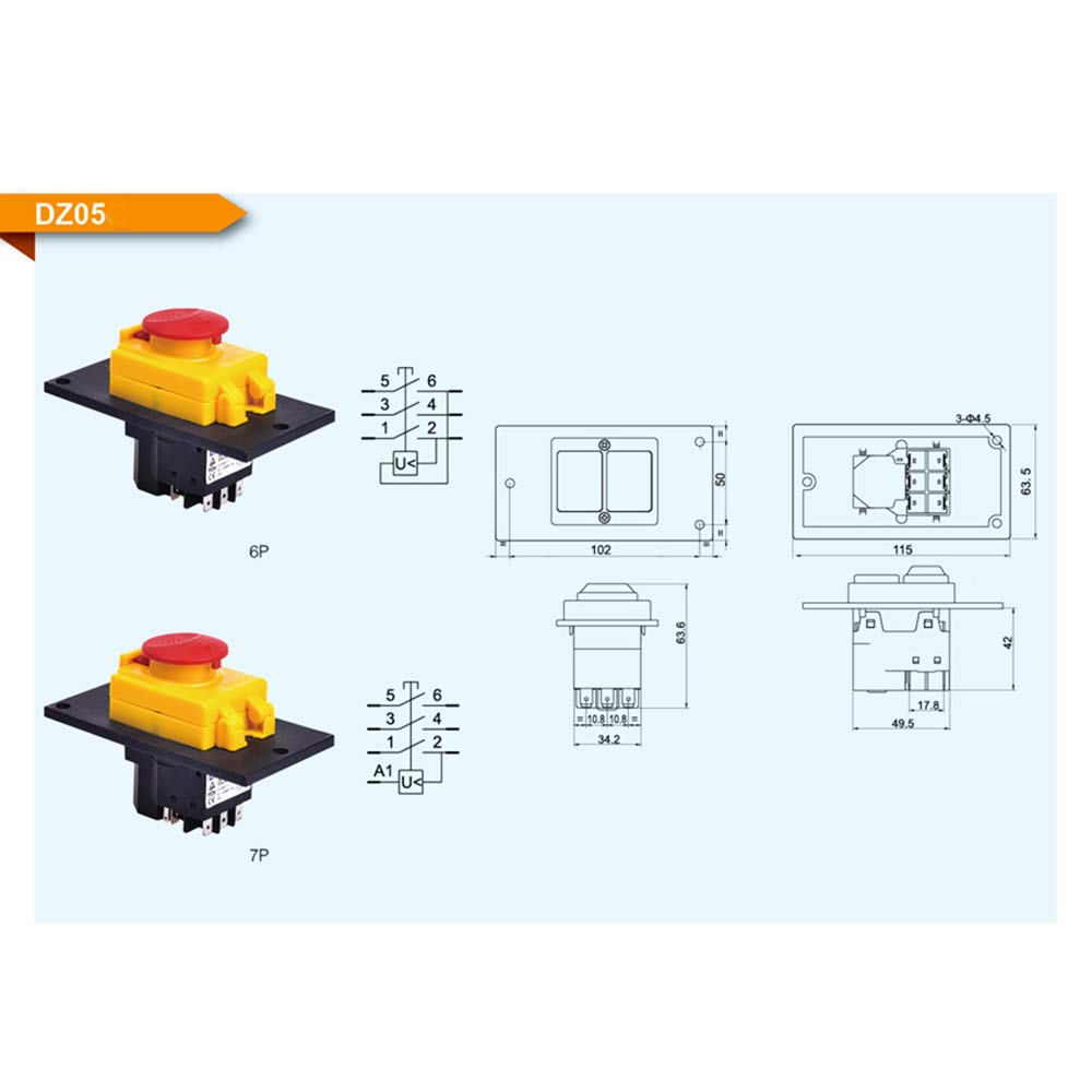 DKLD DZ05 Interrupteur à Bouton-Poussoir Électromagnétique Étanche Commutateur Magnétique Triphasé 400V 10A 7 Broches Avec Couvercle D'arrêt D'urgence