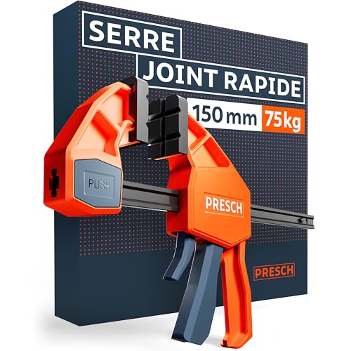Presch Serre joint menuisier 150mm - Serre joint rapide avec force de serrage 75kg pour fixation immédiate - Stable grâce à l’acier carbone et au boîtier en fibre de verre - Avec fonction d'écartement