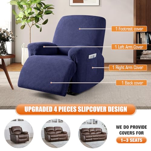 Image of VANSOFY Oversized Recliner Chair Cover, 4-Pieces Stretch Recliner Covers for Recliner Chair Soft Reclining Chair Slipcover Jacquard Pattern Furniture Protector for Dogs Cats(Navy Blue)