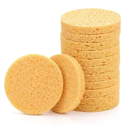 12 Pcs Facial Sponges Reusable Round Puff Mask Cleansing Sponge Make Up Remover Pads Face Cleansing WashingSponges Beauty Sponges for Facial SPA Massage Makeup Removal (Round Yellow)