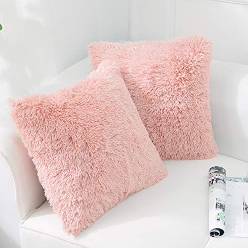 NordECO HOME Pack of 2 Faux Fur Pink Cushion Covers 45 x 45 Fluffy Decorative Pillowcase Fuzzy Square Throw Pillow Case 18 x 18 for Sofa Decor