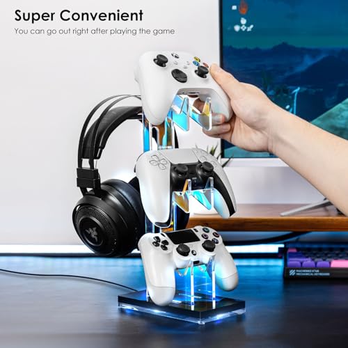 OAPRIRE Controller Holder Headset Stand with Lights, 3 Tier Acrylic Gaming Controller Stand for PS4, PS5, PC, Switch, Universal Design (Black) - Thumbnail 6