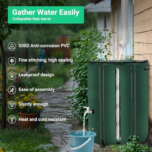 FAMIROSA 50 Gallon / 200L Collapsible Rain Barrel, Foldable PVC Rain Barrels to Collect Rainwater from Gutter, Portable Water Storage Tank Container with Hose Spigot, Water Catcher Collector Green - Thumbnail 3