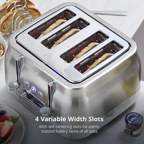 Swan ST19029SS Retro 4 Slice Toaster with 7 Browning Levels, Removable Crumb Trays, Defrost, Reheat and Cancel Functions, Hidden Cord Storage, Non-Slip Feet, 1860W, Stainless Steel - Image 4