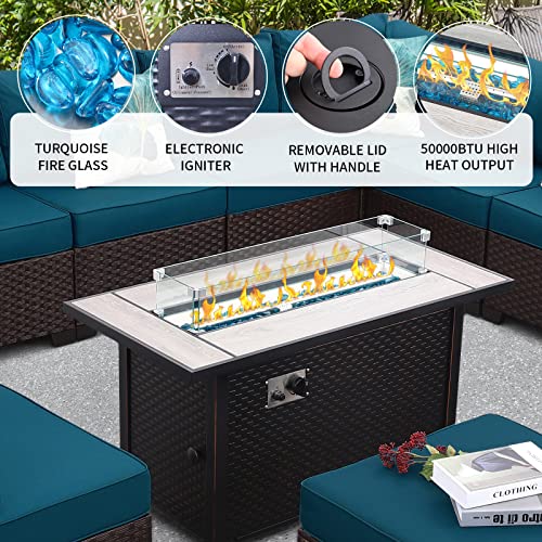 Outdoor Patio Dark Brown Rattan 10 Piece Sectional Furniture Set Pe Wicker Conversation Sofa With 45" Gas Fire Pit Table And Non-Slip 5" Thick Peacock Blue Cushion #TOP4
