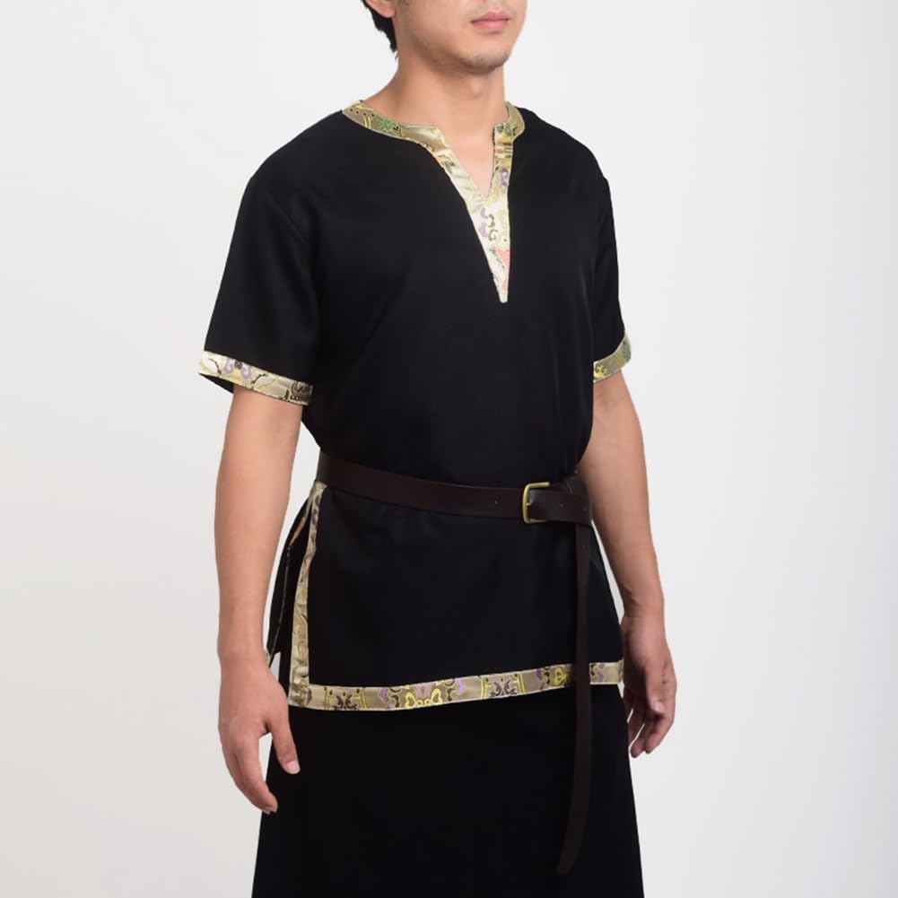 BLESSUME Tunica Medievale Camicia Vichingo Cavaliere Costume con Cintura (2XL, Nero)