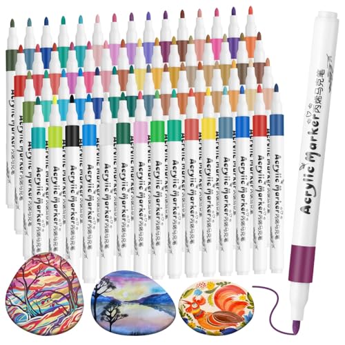 60 Colours Acrylic Paint Pens Waterproof Non-Toxic Odorless Permanent Paint Marker Fine Tip Acrylic Pens for Painting Rock Wood Metal Canvas Art Supplies Glass Eggs Fabrics Plastics