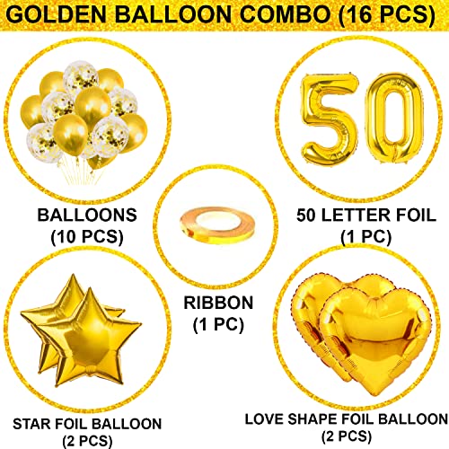 Party Propz 50th Golden Jubilee Decorations - Pack of 16 Pcs, Balloons with Foil & Confetti | 50th Birthday Party Decorations