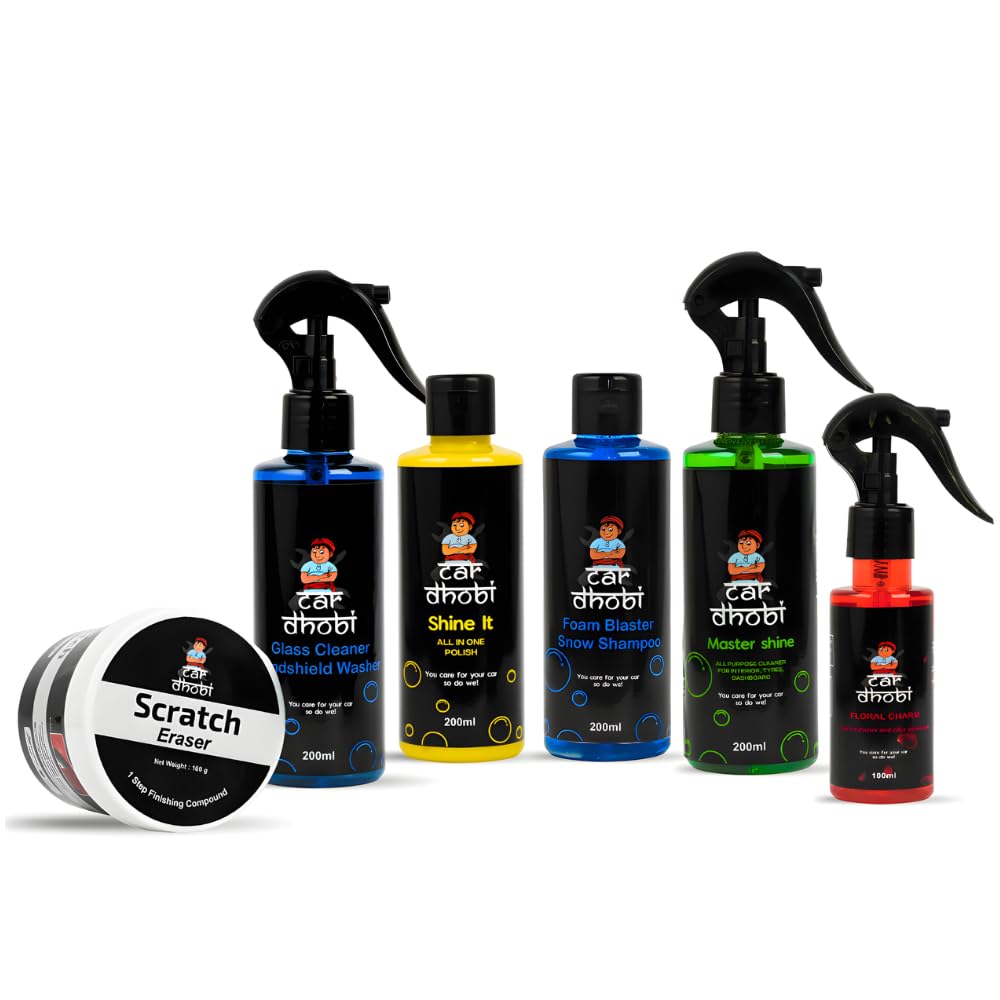 Complete Car Care Kit | 6-in-1 Car Cleaning & Detailing Combo | Glass Cleaner, Dashboard cleaner & Interior polish, Foam Blaster Shampoo, Scratch Remover, Air Freshener | CCK-image-34