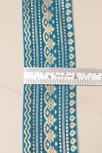 Image of Banarasi Silk Border Lace for Saree, Dupatta, Lehenga, Suit, Blouse & Home Furnishing, Crafting DIY (Ocean Gold, 9 Meters x 2 Inch)