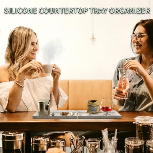 Image of BBK Bathroom Vanity Tray 7.8 in - 2 Pack(Small) Silicone Bathroom Tray for Counter, Perfume Key Trinket Ring Tray, Decor Soap Dispenser Countertop Tray for Kitchen Sink Organization (Faux Marble Look)