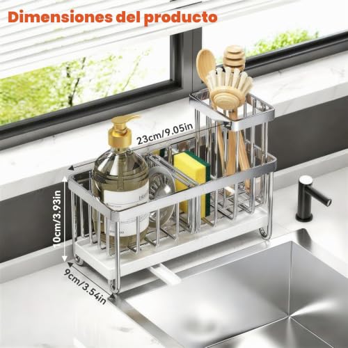 Miniatura 2 de Fuyelng Organizador De Fregadero Con Bandeja Autodrenante, Organizador Cocina Acero Inoxidable Soporte Estropajo Multifuncional Almacenamiento Fregadero, Para Almacenaje De Cocina Y Baño Blanco