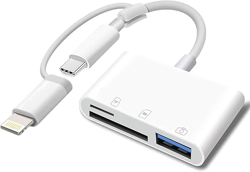 قارئ بطاقات SD معتمد من Apple MFi لأجهزة iPhone، ومحول USB-C وبطاقة Lightning إلى SD TF USB لأجهزة iPhone 17/16/15/14/13/12/11/ XS/XR/X/8 7 6، MacBook Pro Air، iPad Pro/Air، Galaxy S25/S24 3 فتحات