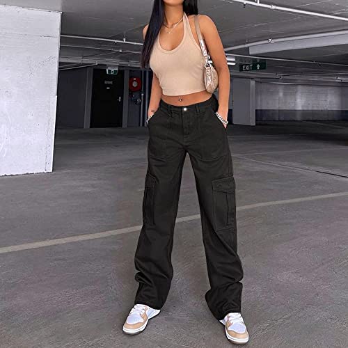 Qyangg High Waist Cargo Pants Women Stretch Baggy Cargo Pants Women Multiple Pockets Relaxed Fit Straight Wide Leg Y2K Pants Black #TOP1