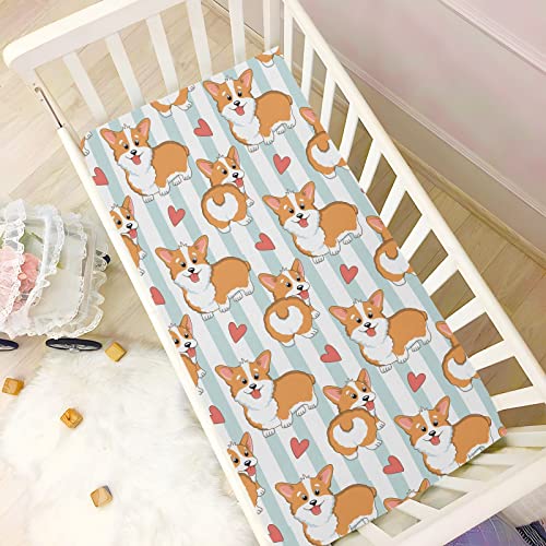 Image of Fitted Crib Sheets Puppy Corgi Dogs Stripes Stretchy Portable Playard Sheets for Baby Toddler, Breathable Soft Mini Crib Mattress 39 x 27 in for Boys and Girls