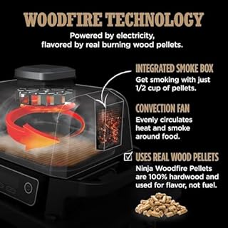 Ninja OG701 Woodfire Outdoor Grill & Smoker, 7-in-1 Master Grill, BBQ Smoker, Air Fryer plus Bake, Roast, Dehydrate, & Broil, uses Woodfire Pellets(1 Pack Included), Portable, Electric, Red