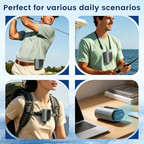 Portable Waist Fan Clip on with Ice Cooler, 14000RPM Strong Airflow Rechargeable Neck Fan, Mini Fan Hands-Free with 5 Speeds & 26H Working Time for Outdoor, Indoor, Jobsite, Camping, Black Grey — view 6