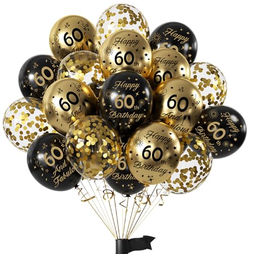 Black Gold 60th Birthday Balloons Pack of 15 Men Women Happy 60th Birthday Party Deocorations Supplies Men Women Happy 60th Birthday Ballloons Latex Confetti Balloons 12inch & Ribbon
