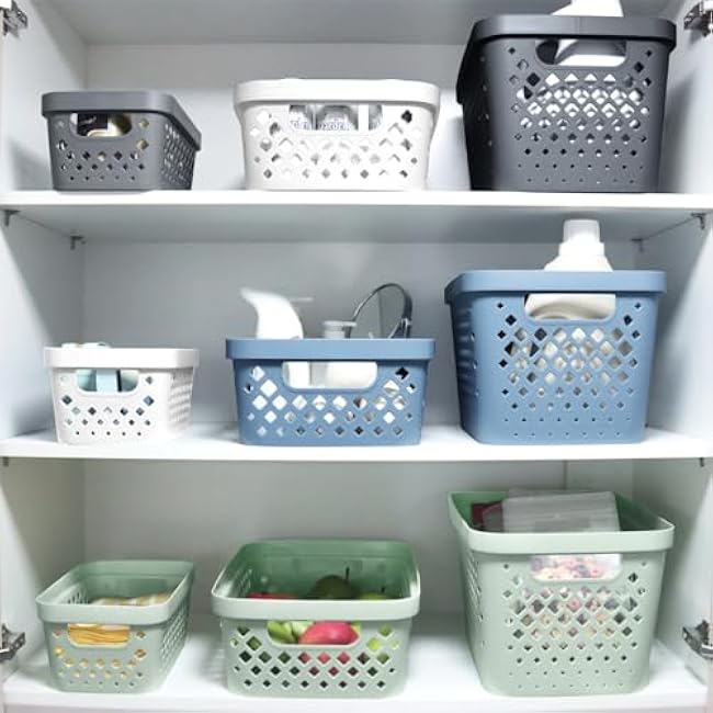 Glad Plastic Baskets for Organizing, Set of 6 | Pantry Storage for Under Counter, Linen Closet, and Bathroom | Nesting Shelf Bins with Handles, 1 Gallon, Grey