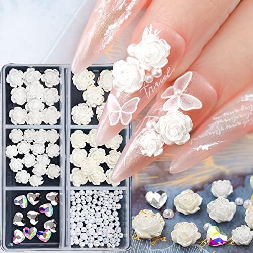 Nail Charms Flower for Acrylic Nails, 3D Nail Charms Rose Flowers Nail Art Accessories Heart Rhinestones White Pearls Nail Art Decorations Valentines Nail Art Charms Nail Designs for Women Girls