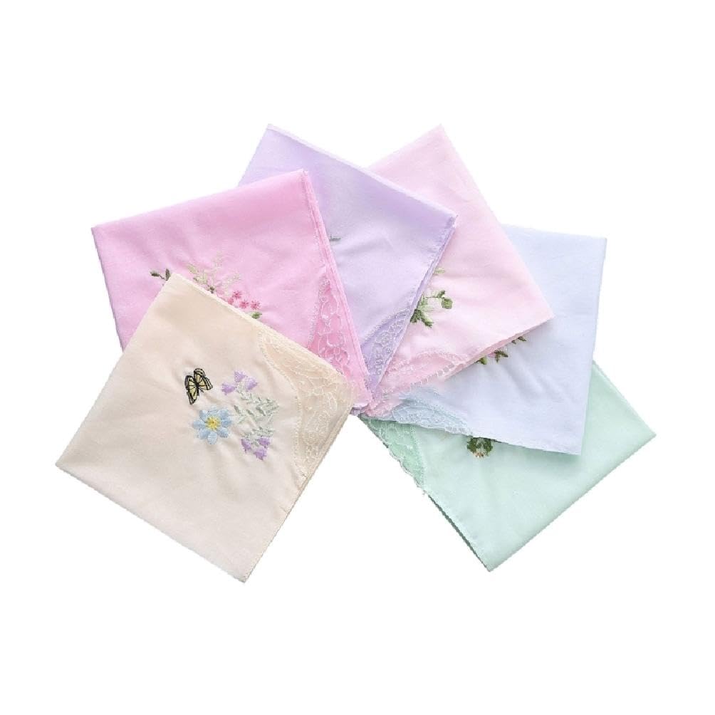 Nurcix Women's 28Cm Cotton Soft Embroidered Square Towel Vintage Floral Style Lace Edging Handkerchief Flower Hanky For Girls Cotton Embroidery Square Towel