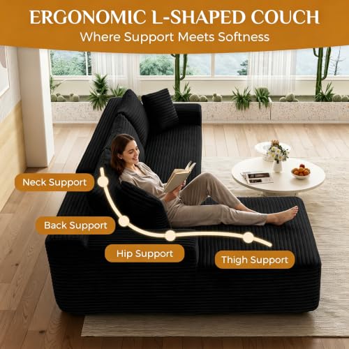 Image of 95 inch Boneless Cloud Sectional Couches for Living Room, Comfy Fluffy L Shaped Memory Foam Deep Seat Boneless Couch, Modular Sectional Sofa with Left Facing Chaise, Dark Black