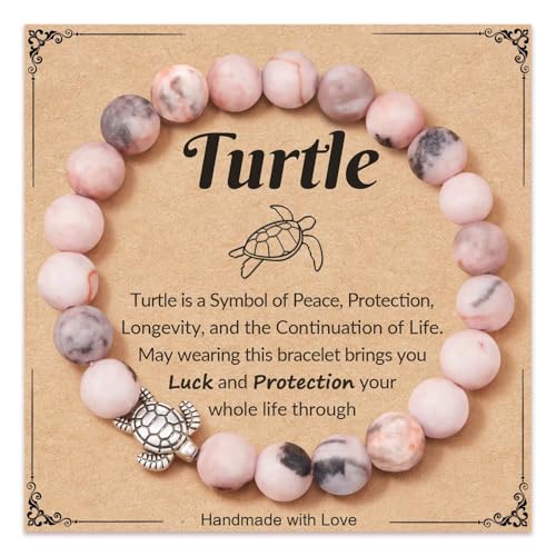 8mm Pink Zebra Natural Stone Sea Turtle Bracelets Healing Crystal Beaded Stretch Bracelets for Women Men Best Friend Friendship Inspirational Relaxation Jewelry Teacher Appreciation Gifts