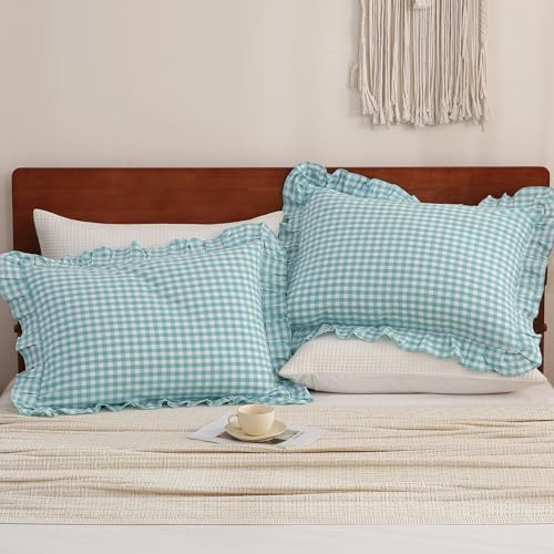 YHJWW Teal Gingham Ruffle Pillow Cases 100% Washed Cotton Like Linen Feel Soft Comfy Standard Size Plaid Checkered Cute Bedding Pillow Cover Shams Set of 2 Pack (20x26 Inches, Envelope Closure) — view 2