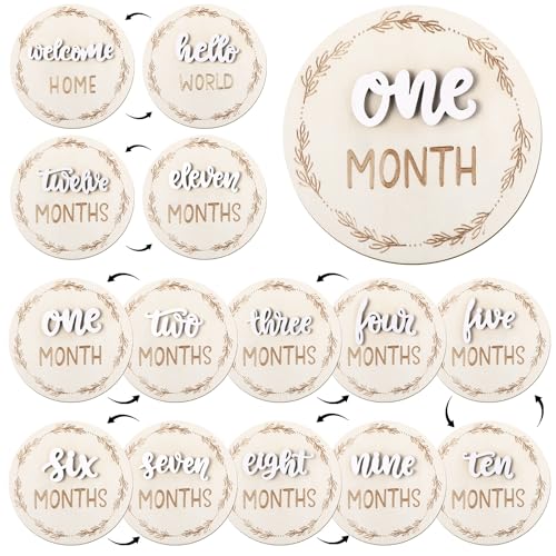 Image of 7 Pack Baby Monthly Milestone Signs, Double Sided Baby Milestone Signs Wooden Baby Announcement Sign for 1-12 Months Baby Milestone Pictures