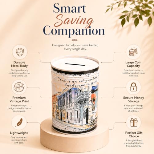 Image of MARKET 99 White Round Money Bank | Glossy Tin Coin Bank with Vintage Theme Print | Decorative Piggy Bank for Kids & Adults | Cute Metal Savings Box for Home, Office Desk, Tabletop & Birthday Gift