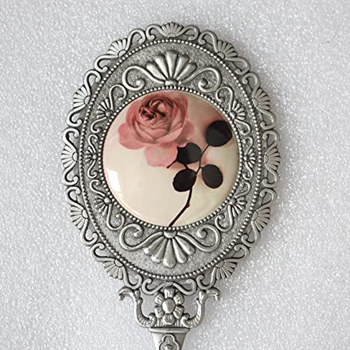 Sehamano Hand Mirror With Handle Compact Handheld Makeup Mirror Rose Cosmetic Clear Mirror (Matt Silver (Tin)) #TOP4