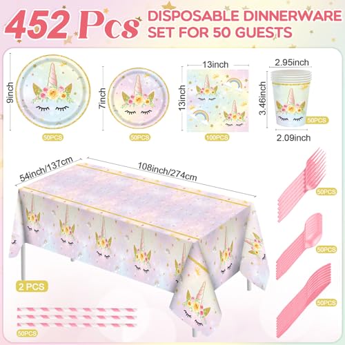 Image of Funnymoom 452 Pcs Unicorn Themed Birthday Party Decorations Include Unicorn Paper Plates Napkins Cups Tablecloth Cutlery Straws Rainbow Pastel Theme Party Supplies for Birthday Decorations