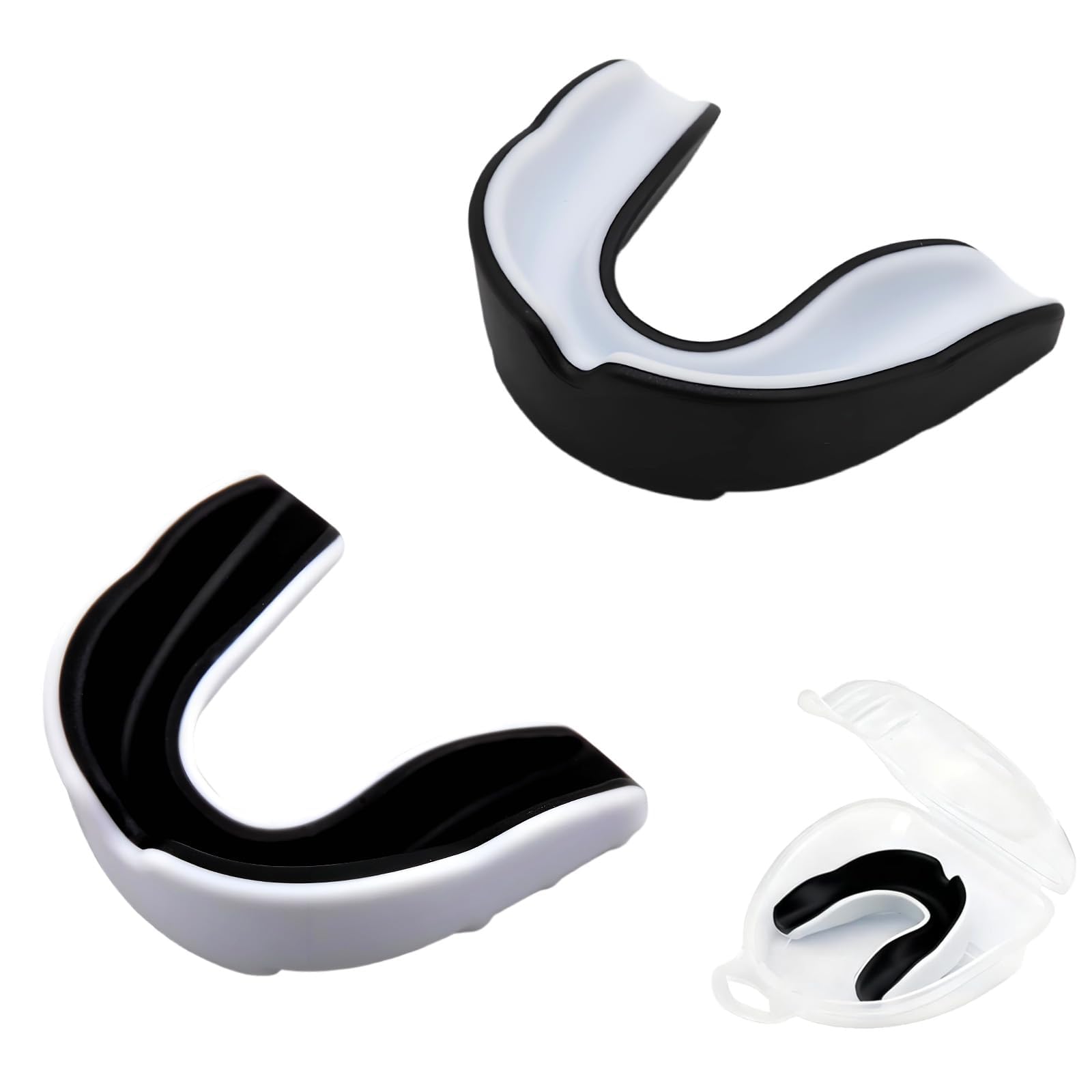 Lot de 2 Protege Dents Boxe en EVA de Qualité Alimentaire avec Boîte de Rangement Portable, Taille Universelle, pour Rugby, MMA, Arts Martiaux, Hockey (Noir Blanc + Blanc Noir)